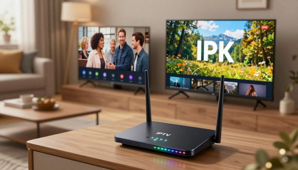A visually engaging and informative illustration centered on internet speed for IPTV in Alberta. In the foreground, display a sleek, modern router with glowing LED indicators showing connectivity status. In the middle ground, depict two screens: one streaming an HD image of a popular show, and the other showcasing a vibrant 4K scene from nature, showcasing the difference in quality. The background features a cozy living room setting, elegantly furnished, with warm lighting creating a welcoming atmosphere. Use a slightly elevated angle to capture the entire scene, enhancing the focus on the router and screens. The overall mood should feel technologically advanced yet relaxed, appealing to IPTV users in Canada.