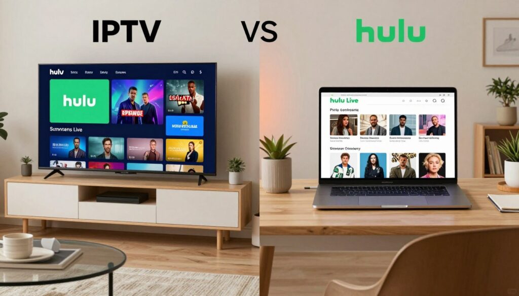 A visually engaging comparison between IPTV and Hulu Live, depicting two distinct sections side by side. On the left, a modern living room setup featuring a smart TV displaying IPTV content, showcasing vibrant colors and a diverse array of channels. On the right, a cozy home office setting with a laptop screen showcasing Hulu Live, highlighting its user-friendly interface and popular shows. The foreground includes stylish furniture and decor that represent comfort and modern technology. The middle layer has a subtle gradient separating the two services while maintaining harmony. Soft, natural lighting enhances the inviting atmosphere, creating a cozy yet professional mood. Capture this scene from a slightly elevated angle for a comprehensive view, ensuring crisp details without any text or branding.