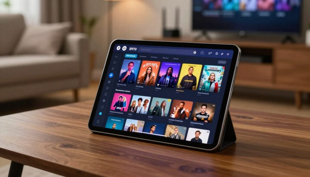 A visually engaging depiction of a modern digital playlist interface, prominently featuring colorful album covers representing various media formats. In the foreground, a sleek tablet lays on a stylish wooden table, displaying a vibrant playlist with icons for different IPTV providers. The middle ground includes a softly focused living room setting, where a comfortable couch and a TV setup are visible, implying a cozy viewing atmosphere. In the background, subtle hints of technology like a router and cables suggest connectivity and setup options. The lighting is warm and inviting, giving a relaxed, homey mood, with shadows softly cast to add depth. The image should evoke a sense of convenience and variety in IPTV content, without any text or brand logos present.