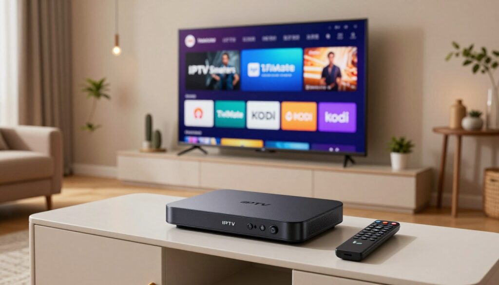 A visually engaging digital composition showcasing a modern living room setting with an IPTV box and a Firestick prominently displayed. In the foreground, a sleek, high-tech IPTV box sits on a stylish media console, with a remote control beside it. The middle layer features a vibrant LED TV screen streaming popular IPTV apps like IPTV Smarters, TiviMate, and Kodi, with their distinct logos subtly integrated into the design. The background includes a cozy, serene ambiance with soft lighting that enhances the technological feel. The scene is captured from a slightly elevated angle, creating depth, while the overall mood conveys flexibility and innovation in media consumption. The space is organized and inviting, reflecting a contemporary lifestyle focused on entertainment.