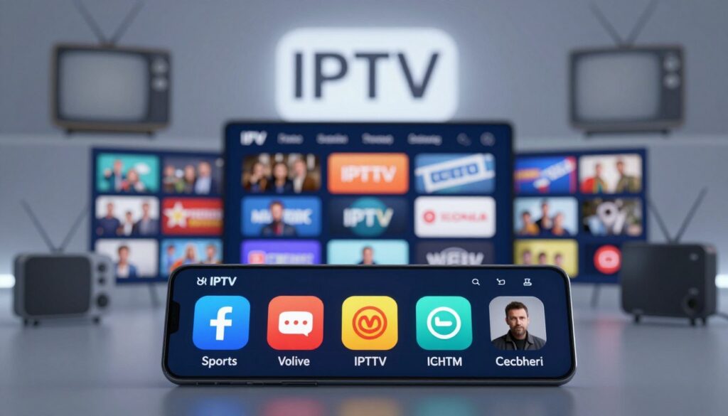 A visually engaging graphic showcasing a variety of UK IPTV subscription channel lineups. In the foreground, display a sleek digital interface featuring colorful icons representing different channel categories such as sports, movies, and documentaries. The middle layer should include a blurred selection screen, depicting various packages available for selection, hinting at diversity and range. In the background, softly illuminated outlines of traditional TV sets and streaming devices create depth, symbolizing the transition from conventional broadcasting to IPTV. Soft, ambient lighting enhances the modern feel, while a cool color palette of blues and greys adds a professional atmosphere. Overall, the image conveys a sense of choice and technology, ideal for illustrating the selection process of IPTV subscriptions.