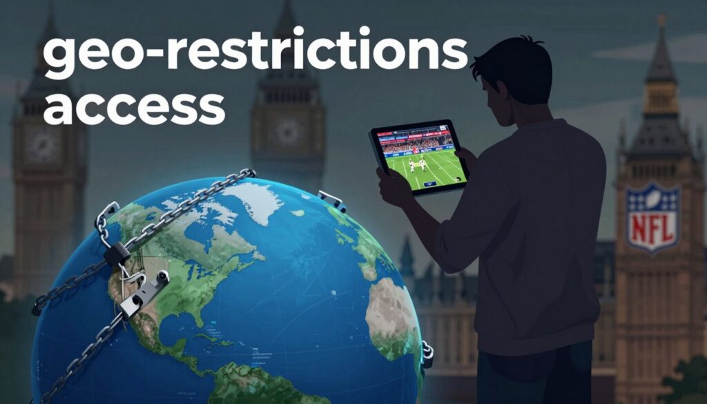 A visually engaging illustration depicting the concept of "geo-restrictions access" in the context of watching NFL from the UK. In the foreground, show a stylized digital globe, with barriers symbolizing geo-restrictions—like chains or locks—surrounding the United States. In the middle ground, feature a silhouette of a person in modest casual clothing, holding a tablet displaying an NFL game, looking frustrated as they travel outside the US. The background should blend various landmarks from the UK to signify location, enhanced by a dim, moody atmosphere with soft lighting to evoke a sense of longing or restriction. Use a slight tilt angle to create dynamic visual interest while maintaining a clear focus on the subject.