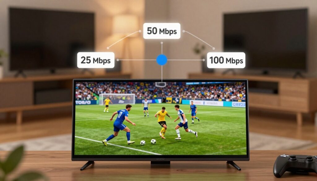 A visually engaging illustration representing internet speed recommendations for streaming 4K football matches. In the foreground, a sleek digital device displays a vibrant 4K football match on its screen, with fast-moving players in dynamic action. The middle ground features a flowchart or infographic style display showcasing various internet speed levels necessary for optimal streaming—like 25 Mbps, 50 Mbps, and 100 Mbps—integrated seamlessly into the scene. The background includes a stylized living room setting with a modern TV, gaming console, and ambient lighting in warm tones, evoking a cozy, inviting atmosphere for watching sports. Employ a high-resolution focus with soft, diffused lighting to enhance clarity and visualization, and adopt a slight overhead angle to encompass both the device and the information, creating a polished and professional look.