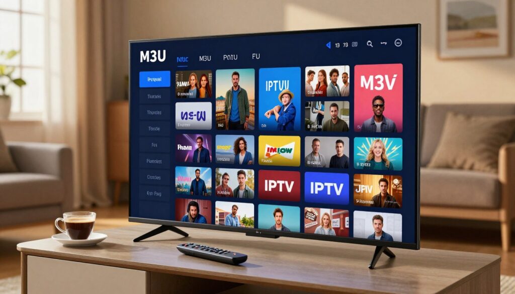 A visually engaging image of an M3U playlist interface displayed on a modern smart TV screen, set against a cozy living room background. In the foreground, the TV screen prominently features colorful thumbnail images representing different IPTV channels, organized neatly in a grid pattern. In the middle, a sleek remote control lies on a stylish coffee table beside a cup of coffee, hinting at a relaxed viewing experience. In the background, warm ambient lighting spills in from a nearby window, casting soft shadows and creating an inviting atmosphere. The overall mood should feel modern and tech-savvy, capturing the essence of home entertainment. Use a slightly elevated angle to emphasize the screen while keeping the living room context visible.
