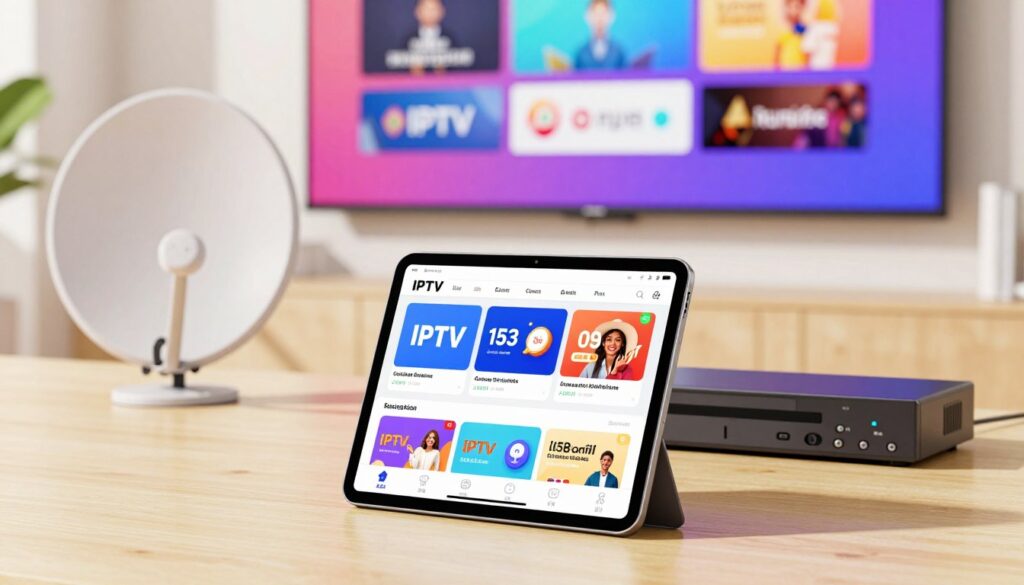 A visually engaging pricing comparison scene depicting three options: IPTV, cable satellite, and streaming bundles. In the foreground, a sleek digital tablet displays vibrant app interfaces for IPTV services, with various pricing tiers highlighted in a clean design. The middle ground features a traditional satellite dish next to a cable box, symbolizing cable satellite services, both rendered in modern, polished styles. The background showcases a simplistic, colorful representation of streaming platforms on a large screen. Use soft, natural lighting to create an inviting atmosphere, with a slight depth of field focused on the tablet in the foreground. The color palette should be bright and appealing, promoting the idea of variety and choice in pricing while maintaining a professional tone. The layout should feel organized, conveying clarity and simplicity in making informed choices.