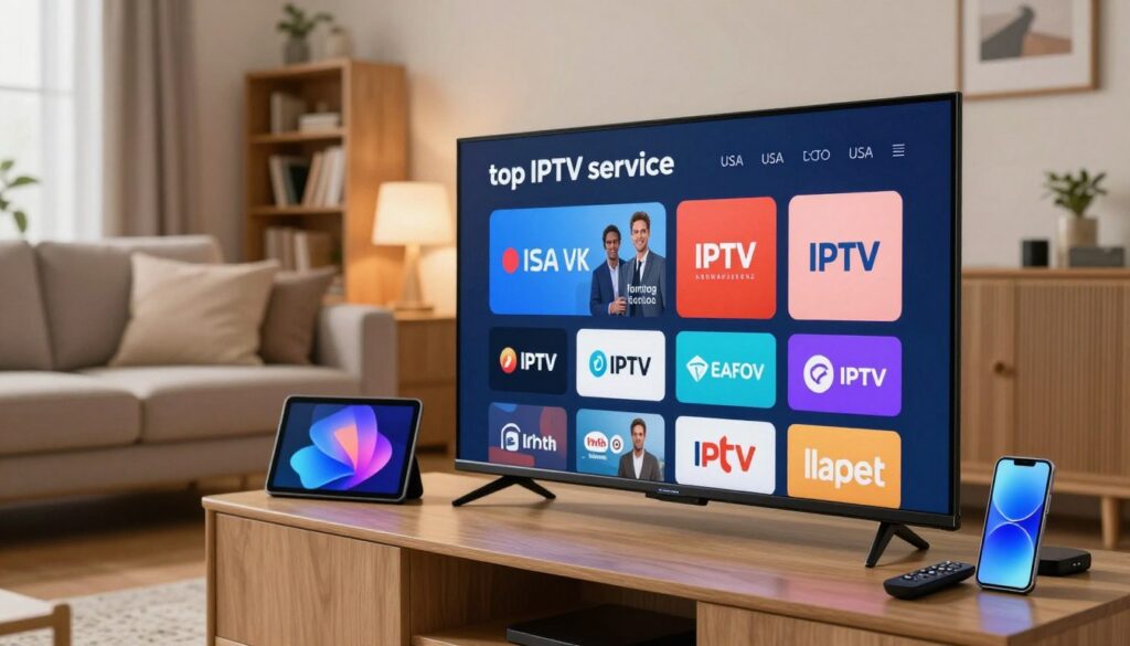 A visually engaging representation of a "top IPTV service" for USA buyers. In the foreground, a sleek modern television is displaying a vibrant interface with various streaming options and logos of trusted IPTV services. Surrounding it are remote controls and digital devices like tablets and smartphones, symbolizing convenience and accessibility. The middle ground features an attractive living room setup with a comfortable sofa, soft cushions, and ambient lighting that creates a warm, inviting atmosphere. In the background, a stylish bookshelf and wall-mounted art provide a homey feel. The scene is well-lit, emphasizing the crisp detail of the IPTV interface, with a focus on a slight bokeh effect to draw attention to the television. The overall mood is modern, professional, and informative, inviting readers to explore reputable IPTV options.
