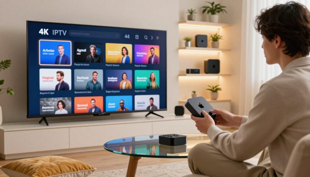 A visually engaging scene depicting a modern living room set up for 4K IPTV streaming on an Apple TV. In the foreground, a sleek, large flat-screen television displays a colorful and dynamic user interface with various 4K channels highlighted. Nearby, a stylish remote control rests on a glass coffee table surrounded by cozy cushions. In the middle, a user, dressed in casual business attire, is focused on configuring the playlist URL on the TV, showing engagement with the device. The background features softly lit shelves with tech gadgets and potted plants, creating a warm, inviting atmosphere. The lighting is bright yet warm, emphasizing the clarity of the 4K display, while keeping the mood professional and relaxed.