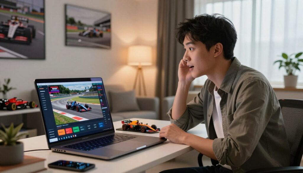 A visually engaging scene depicting the concept of "legal streams" for Formula 1 racing. In the foreground, a sleek laptop open on a modern desk, displaying a vibrant streaming interface showcasing an F1 race, with cars zooming around a track. The middle ground features a focused young professional in business casual attire, intently watching the screen with a look of excitement. They are surrounded by F1 memorabilia such as miniature cars and posters. In the background, a stylish living room is illuminated by soft ambient lighting, with light streaming through a window, enhancing the warm and inviting atmosphere. The entire composition exudes a sense of legality and enthusiasm for sports streaming without risk, inviting the viewer into a world of responsible viewing options.