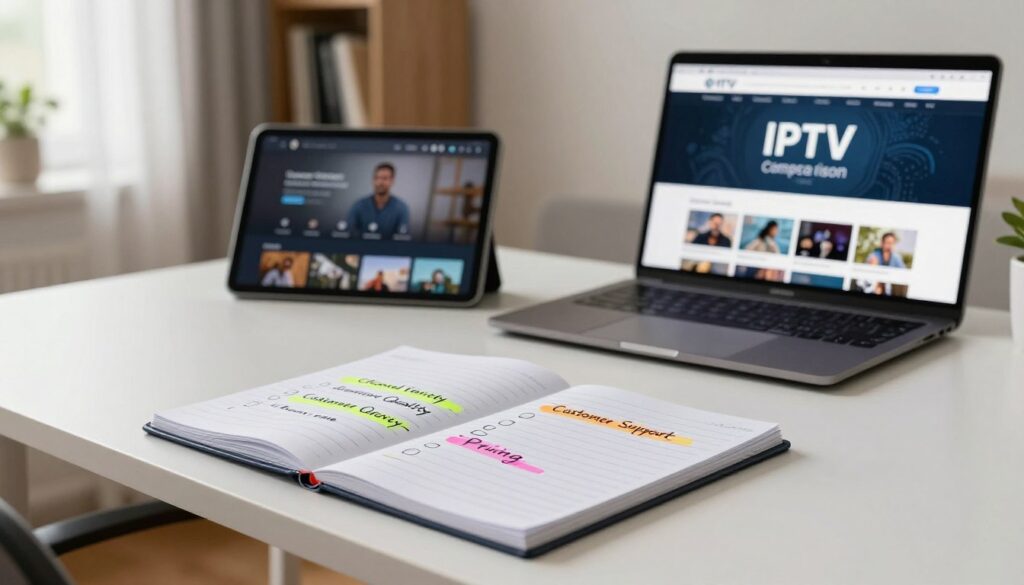 A visually organized checklist for IPTV services displayed on a clean, sleek desk in a modern home office setting. The foreground features a notepad with neatly handwritten items such as "Channel Variety," "Streaming Quality," "Customer Support," and "Pricing," highlighted with vibrant colors. In the middle ground, a tablet shows a video streaming interface, while an open laptop displays an IPTV service comparison website. The background includes a cozy bookshelf and a window with soft natural light filtering through sheer curtains, creating a warm and inviting atmosphere. The overall mood is professional and informative, designed to engage readers in a tech-savvy environment.