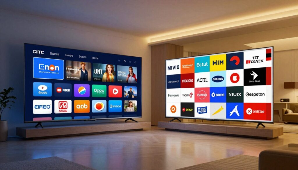 A visually striking comparison image that showcases two contrasting television channel bundles: on the left, a neatly organized digital grid representing curated bundles, displaying icons of specific channels like documentaries, movies, and sports, bathed in soft blue lighting to evoke a sense of calm exclusivity; on the right, a vibrant collage of various channel logos symbolizing a broad library with a colorful assortment of genres, illuminated in warm golden tones to create an inviting atmosphere. In the background, a sleek modern living room with a large flat-screen TV featuring a streaming interface, emphasizing the home viewing experience. The overall mood should reflect a thoughtful comparison between curated content and extensive options, highlighting the benefits of both. The image should be professionally composed to ensure clarity and balance between the elements, with no text or distractions.