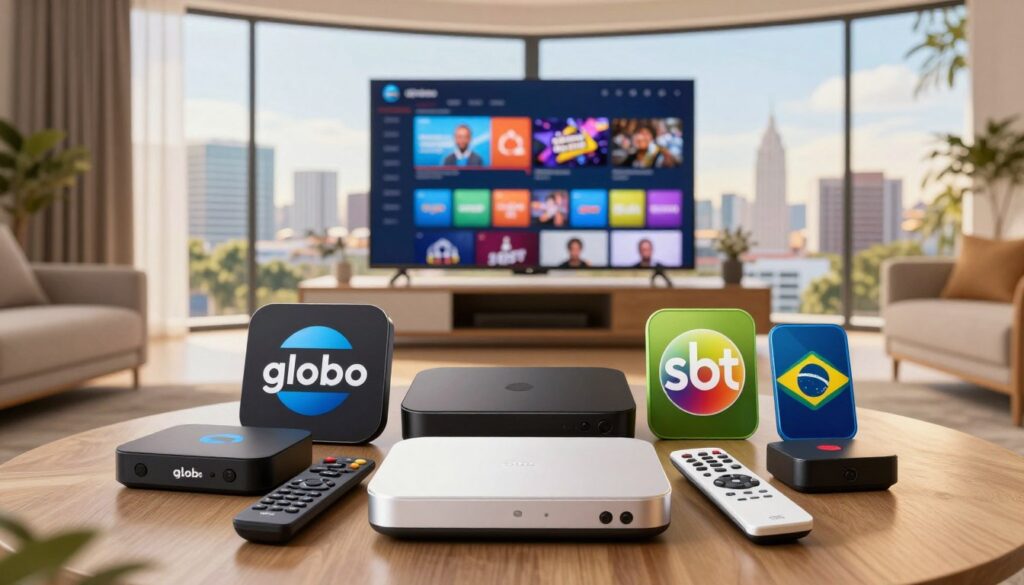 A visually striking digital composition depicting a variety of IPTV service providers. In the foreground, several colorful streaming devices and remote controls arranged artistically, showcasing logos of popular Brazilian channels like Globo and SBT. The middle ground features a sleek modern living room with a large flat-screen TV displaying a vibrant interface of channel options, enhancing the IPTV experience. In the background, large windows reveal a sunny Brazilian skyline, hinting at the lifestyle of expats. Soft, warm lighting creates a welcoming atmosphere, while the camera angle is slightly above eye level, giving a clear view of the scene. The overall mood is engaging and informative, inviting viewers to explore the offerings of top IPTV providers.