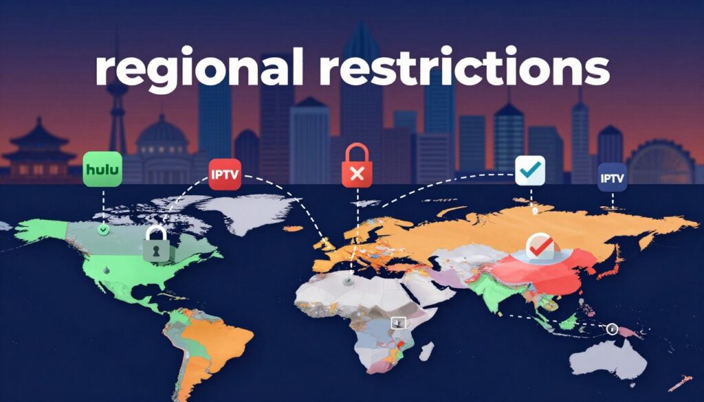 A visually striking illustration depicting "regional restrictions" in the context of streaming services. In the foreground, a digital map displaying various countries with vibrant colors representing availability statuses, combined with symbols like locks and checkmarks to indicate restricted and accessible regions. The middle layer features small, stylized representations of streaming service icons like Hulu and IPTV, interconnected with dashed lines suggesting complex access routes. In the background, a blurred skyline of iconic international landmarks, symbolizing global reach and travel barriers. Soft, ambient lighting enhances the digital theme, creating a modern, tech-savvy atmosphere. The overall mood conveys the tension between accessibility and restrictions, evoking curiosity about streaming availability across different regions.