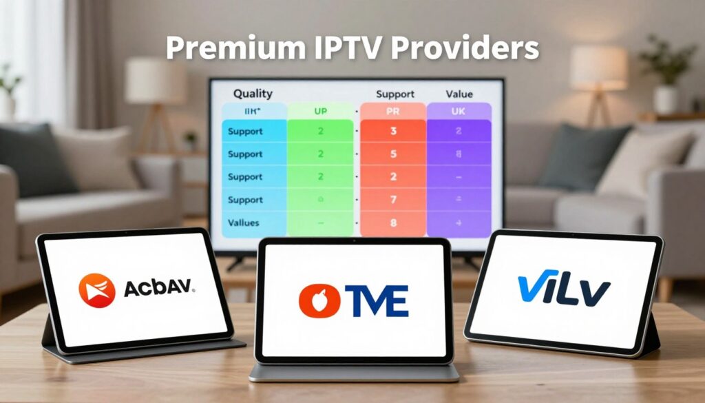A visually striking infographic-style image depicting a comparison of premium IPTV providers in the UK. In the foreground, feature several distinct provider logos, each inside a sleek, modern tablet or screen, arranged in a dynamic layout. In the middle ground, draw attention to comparison charts showing key features such as quality, support, and value with vibrant colors for easy readability. The background should be a subtly blurred living room scene, creating a relaxed, tech-savvy atmosphere, with soft, ambient lighting illuminating the screens for a professional feel. The overall mood should convey clarity, organization, and trust, suited for an analytical comparison article.