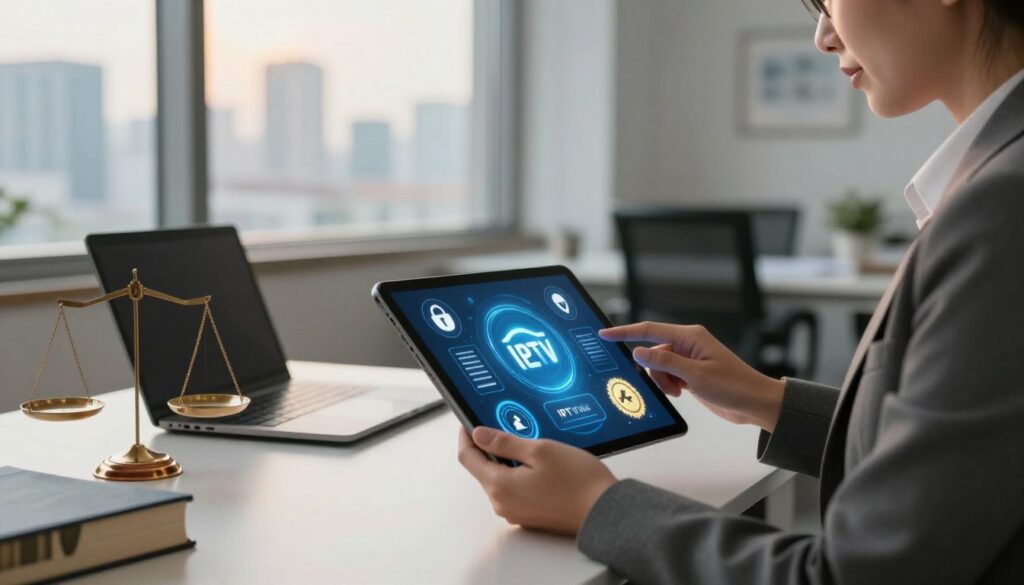 A visually striking modern office setting focused on legality and trust in the IPTV industry. In the foreground, a confident professional in smart business attire is examining a tablet displaying holographic icons of security, legal documents, and trust seals. The middle ground features a sleek desk with a laptop, legal books, and a balanced scale symbolizing justice. In the background, large windows reveal a city skyline, emphasizing a contemporary atmosphere. Soft, warm lighting creates a welcoming and professional mood, while a slight depth of field effect draws attention to the tablet in the foreground. The angle is slightly elevated, providing a clear view of the scene, enhancing the sense of authority and reliability in IPTV services.