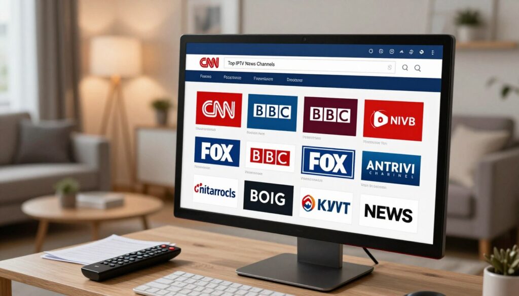 A visually striking representation of a digital display featuring a "Top IPTV News Channels" list. In the foreground, a sleek modern monitor showcases vibrant logos of CNN, BBC, Fox, and other international news channels, arranged in an engaging layout. The middle section includes a stylish remote control and scattered notes, suggesting a viewer's exploration of news options. In the background, a softly blurred contemporary living room, illuminated by warm ambient lighting creates a cozy atmosphere, emphasizing the theme of home entertainment. Use a shallow depth of field to focus on the monitor while maintaining a clean, professional aesthetic. The image should convey excitement and modernity, capturing the essence of today's news consumption landscape.