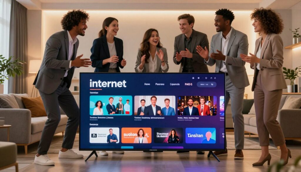 A visually striking representation of the "internet," showcasing a dynamic 4K streaming environment. In the foreground, a sleek Samsung Smart TV is prominently displayed, its screen glowing with vibrant, high-resolution images of popular streaming apps. In the middle section, a diverse group of people in professional business attire gather around the TV, joyfully engaging in a discussion about their streaming options, with their faces illuminated by the screen's light. The background features a modern living room setting, adorned with contemporary decor and ambient lighting. The atmosphere is lively and tech-savvy, capturing the excitement of seamless 4K IPTV streaming. Use soft, diffused lighting to create a warm, inviting mood, with a focus on clarity and detail in the subjects and technology.