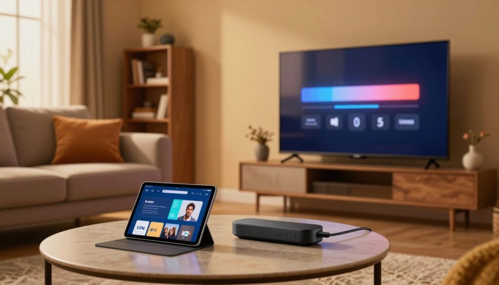 A visually striking scene depicting a modern living room with a Chromecast device connected to a TV, showcasing buffering icons on the screen. In the foreground, an elegant coffee table with a tablet displaying a VPN app, illuminated by soft ambient lighting. In the middle, the living room’s plush sofa and vibrant decor create a cozy atmosphere, while a stylish bookshelf adds depth to the background. The walls are painted in warm tones to evoke comfort, and a large window allows soft daylight to filter in, reflecting off the TV screen. The overall mood should blend tranquility with technology, emphasizing the theme of improving streaming quality. Camera angle from a slightly lower perspective to highlight the technology integration.