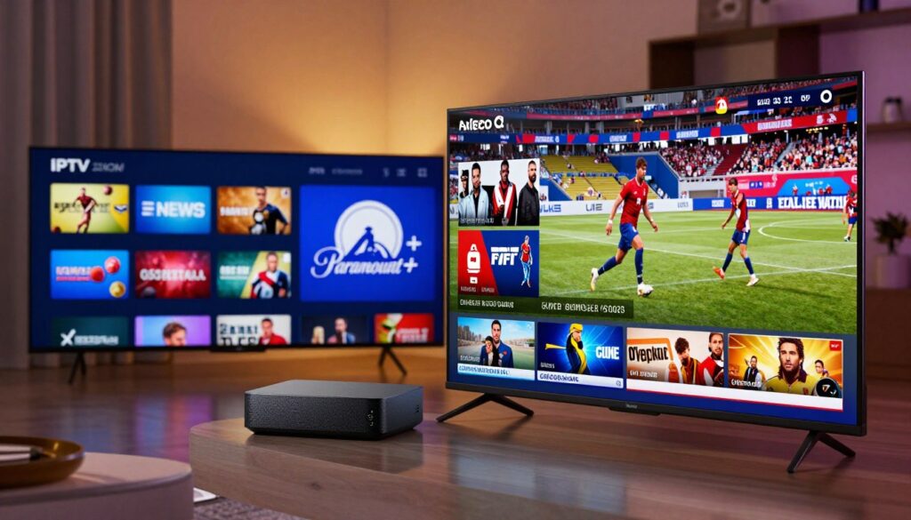 A visually striking split-screen image illustrating live channels versus on-demand content. In the foreground, a television displaying vibrant live sports and news broadcasts, with dynamic action and colorful graphics. To the left, an IPTV interface showing various live channel icons, such as sports, news, and entertainment. In the middle, a streaming device, elegantly designed, showcasing a Paramount+ logo and a selection of popular on-demand shows. In the background, a cozy living room setting with modern decor, softly lit by warm tones for an inviting atmosphere. The camera angle is slightly tilted to create depth, capturing the contrast between the immediacy of live programming and the allure of on-demand choices. The mood is vibrant and engaging, emphasizing the choices viewers have in their viewing experience.