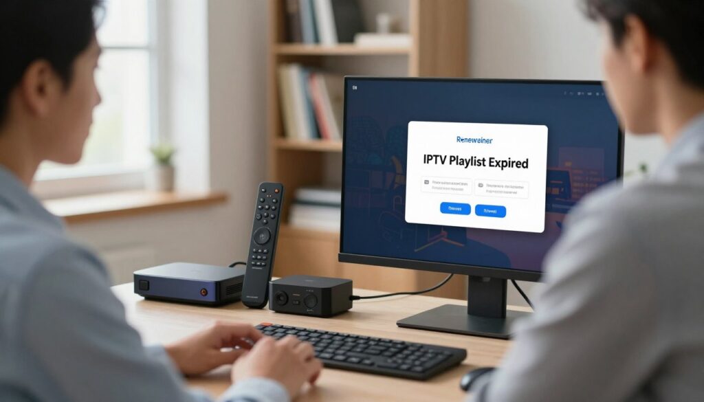 A visually striking workspace scene depicting a person in professional business attire sitting at a desk, intently focused on a modern computer screen displaying an “IPTV Playlist Expired” notification. The foreground features a close-up of the computer with a visually appealing user interface showing renewal options. In the middle ground, various IPTV-related tools, such as remote controls and streaming devices, are neatly organized, emphasizing technology at play. The background includes a softly lit bookshelf filled with tech books and a window filtering natural light, creating a calm and productive atmosphere. The overall mood is one of determination and clarity as the individual prepares to renew their IPTV subscription, suggesting a sense of urgency balanced with professionalism.