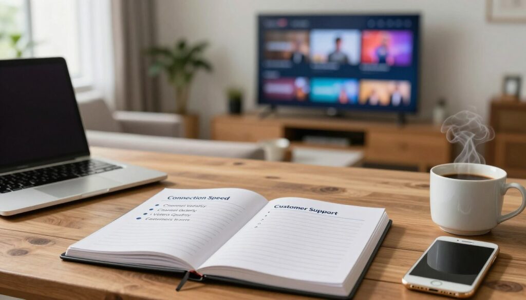A well-organized and visually appealing checklist for evaluating IPTV services, displayed on a wooden desk. In the foreground, an open notepad featuring bulleted items like "Connection Speed," "Channel Variety," "Video Quality," and "Customer Support" is shown, surrounded by a laptop, a smartphone, and a steaming coffee mug. The middle layer includes a soft-focus background with a modern living room setup, showcasing a large flat-screen TV displaying vibrant streaming content. Natural light streams in through a window, creating a warm and inviting atmosphere. The overall mood is professional yet relaxed, ideal for multitasking and reviewing service quality. Emphasize clarity and legibility in the checklist items while maintaining a cohesive design aesthetic.