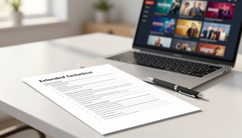 A well-organized extended testing checklist displayed on a sleek, modern desk. In the foreground, the checklist is neatly printed on professional stationery with bullet points highlighting essential tasks for evaluating an IPTV free trial. There's a stylish pen resting beside it. In the middle ground, a laptop is open, showing an IPTV interface with vibrant images of streaming content on the screen. The background features a softly blurred office setting with warm, natural light streaming through a window, casting gentle shadows. The mood is focused and professional, conveying a sense of efficiency and clarity in preparation. The angle is slightly elevated, providing a clear view of the checklist and workspace, without any text overlays or distractions.