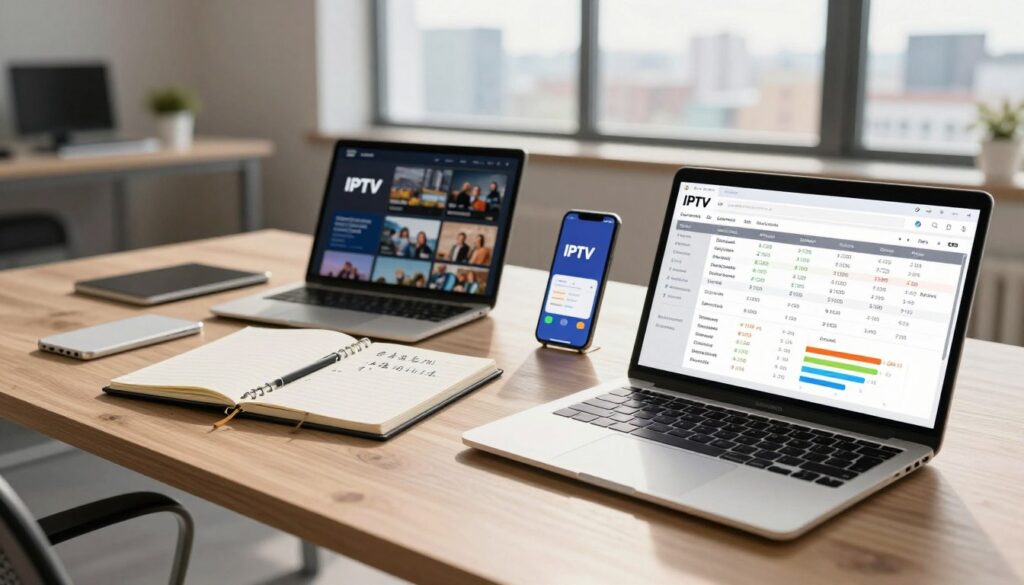 A well-organized workspace displaying diverse IPTV subscription pricing options. In the foreground, a sleek laptop with an open spreadsheet comparing various IPTV plans, each plan highlighted with colorful graphs showing pricing differences. The middle layer includes a notepad with handwritten notes on free trial options and comparison criteria, alongside digital devices like a tablet and smartphone displaying IPTV content. The background features a modern office with a window overlooking a cityscape, bathed in warm, natural light. Soft shadows create a calm, professional atmosphere, emphasizing a thoughtful analysis of pricing in the IPTV market. Use a professional lens effect to enhance the clarity of the foreground items while softly blurring the background, evoking a sense of focus on pricing strategies.