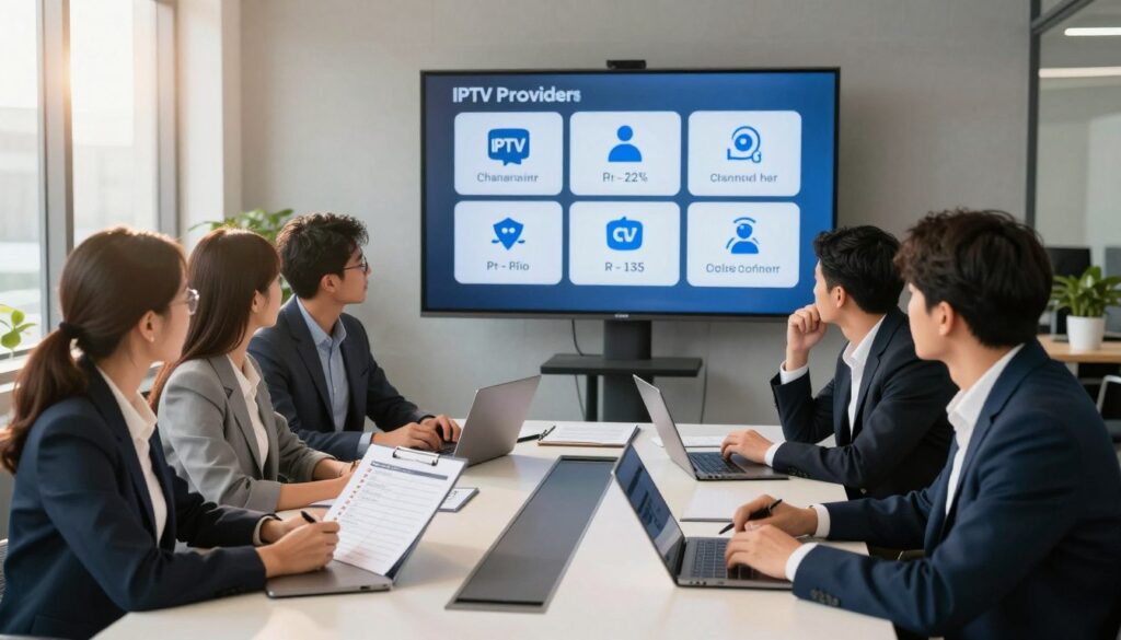 A well-organized workspace illustrating the process of choosing an IPTV provider. In the foreground, a diverse group of professional individuals, dressed in smart business attire, are gathered around a modern conference table covered with laptops, tablets, and a detailed checklist. The middle ground features a large digital screen displaying icons representing various IPTV features such as channel variety, pricing, and customer support. The background shows a sleek office environment with large windows allowing sunlight to flood in, casting a warm glow. The mood is focused and collaborative, emphasizing the thoughtful decision-making involved in selecting the right IPTV provider. The camera angle is slightly elevated, capturing the group's engagement while highlighting the technological elements of their discussion.