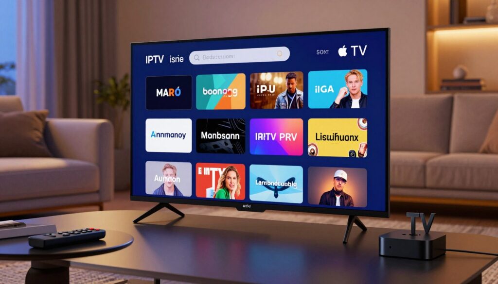 An engaging interface of an IPTV player app displayed on a sleek Apple TV screen, showcasing vibrant colors and intuitive design elements. In the foreground, focus on a modern living room setting, featuring a stylish sofa and a coffee table with a remote control nearby. The middle layer highlights the Apple TV with the IPTV app interface, displaying various channel options in an appealing grid layout. Soft ambient lighting creates a cozy atmosphere, casting gentle shadows and enhancing the vivid colors on the screen. In the background, indistinct features of a contemporary home are visible, with warm tones enhancing the relaxed vibe. The angle is slightly angled above eye level, providing a clear view of the Apple TV and the interactive app while maintaining a professional tone suitable for a technology-focused article.