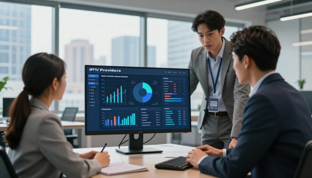 An evaluative scene depicting a modern workplace where professionals assess IPTV providers for sports viewing performance in a sleek office environment. In the foreground, a diverse group of three individuals, one male and two females, dressed in smart business attire, gather around a large touchscreen display showcasing graphs and data analytics related to sports content delivery. In the middle background, a large window reveals a vibrant city skyline and a bright day, adding an energetic atmosphere. Soft, diffused lighting enhances the professional ambiance, creating a focus on the data. The mood is collaborative and analytical, emphasizing technology's role in enhancing sports viewing experiences for 2025.