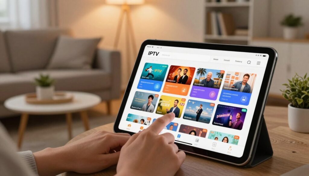 An iPad displaying a user-friendly IPTV app interface, with vibrant, colorful thumbnails of popular channels and shows. In the foreground, a person's hands are gently navigating the touchscreen, showcasing the ease of use, while the screen glows subtly, reflecting a warm light. The middle ground features a cozy living room setting with a contemporary sofa and a small coffee table, implying a relaxed atmosphere perfect for streaming. In the background, soft ambient lighting creates a welcoming space, with a bookshelf and potted plants enhancing the homely feel. The overall mood is inviting and modern, emphasizing convenience and accessibility in enjoying IPTV on the iPad. The scene is shot at a slight angle to capture both the iPad and the inviting space.