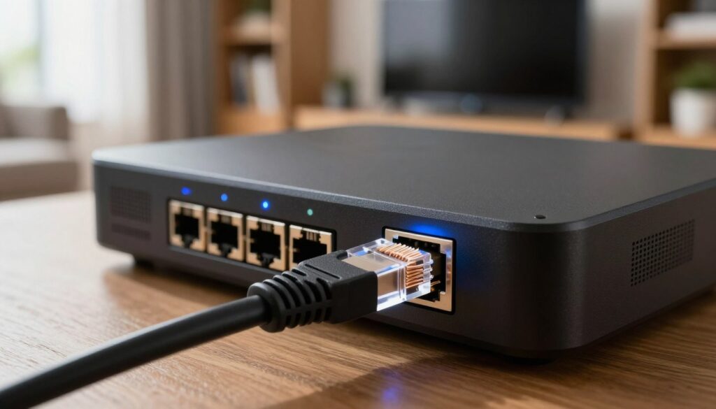 An intricate close-up of a modern Ethernet connection setup prominently featuring a high-speed Ethernet cable plugged into a sleek, black IPTV box. In the foreground, the Ethernet connector is detailed with visible copper wires and a translucent casing, capturing the texture and brilliance of the material. In the middle, the IPTV box displays an array of ports and LED indicators, reflecting a soft blue light to convey an active connection. The background subtly showcases a cozy living room environment with a smart TV and a bookshelf, suggesting a home network atmosphere. The image is illuminated by natural light filtering through a window, creating a warm and inviting mood, with a shallow depth of field to emphasize the main subjects while gently blurring the background.