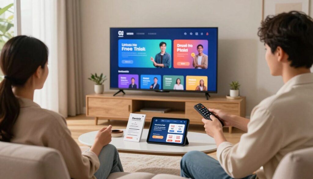 An inviting living room scene showcasing a sleek television displaying a vibrant interface for a free trial subscription service, featuring ultra HD visuals. In the foreground, a couple dressed in modest casual clothing, sitting comfortably on a stylish couch, enthusiastically navigating the service on a remote. In the middle, a modern coffee table ostentatiously holds brochures and digital tablets highlighting exciting subscription offers and pricing plans. The background features warm lighting with a cozy ambiance, creating an atmosphere of relaxation and discovery. A large window allows natural light to stream in, illuminating the space and enhancing the inviting feel. Focus on the friendly interaction and engaging details of the subscription service's interface.