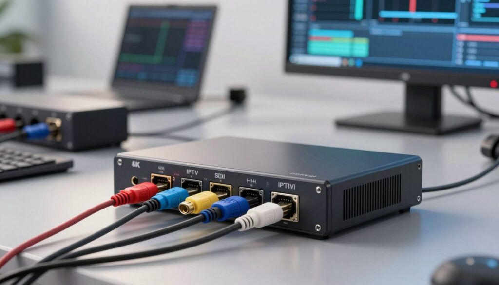 An organized workspace showcasing HDMI and SDI inputs prominently in the foreground, featuring well-labeled ports and cables. A sleek 4K IPTV encoder sits in the middle, connected with vibrant HDMI and robust SDI cables, demonstrating a clean, efficient setup. In the background, a softly lit studio environment enhances the technical feel, with subtle reflections on polished surfaces, and neatly arranged equipment like a video monitor displaying signal integrity. The lighting is bright yet diffused, creating a professional atmosphere, with a focus on clarity and detail. Capture this scene from a slight angle to emphasize the connections and gear, evoking a sense of modern technical advancement and precision in media production.