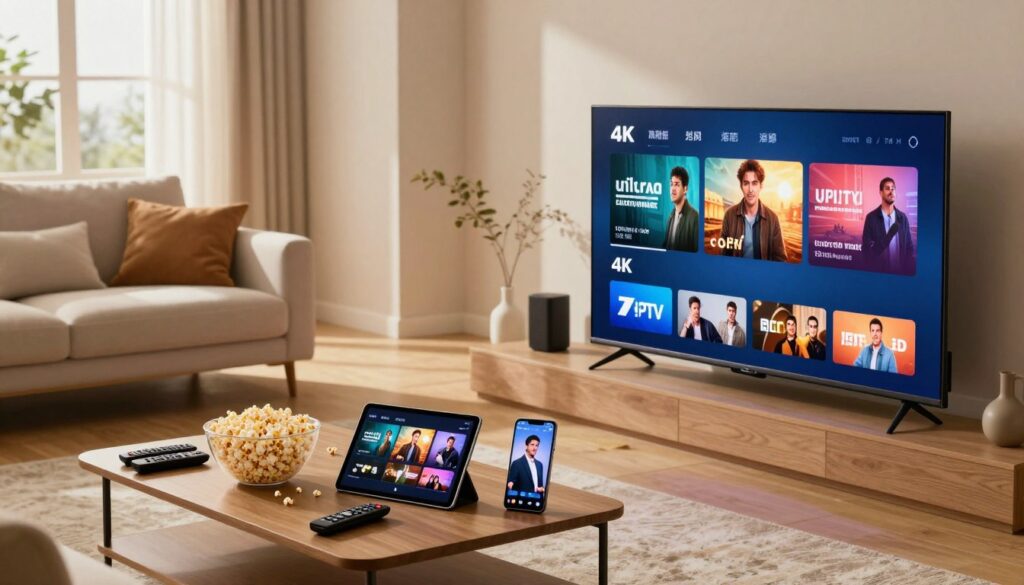 In the foreground, a sleek, modern smart TV displaying vibrant 4K streaming content, with an array of devices like a tablet and smartphone showing the same movie. In the middle ground, a stylish living room setup featuring a cozy couch and a coffee table cluttered with popcorn and remote controls. The background features large windows allowing natural light to flood the room, creating a warm and inviting atmosphere. The scene is well-lit with soft, ambient lighting to enhance the cozy vibe, and shot from a slightly elevated angle to capture the entire setup. Emphasize a sense of comfort and enjoyment, illustrating why viewers prefer IPTV for their ultra HD entertainment needs.