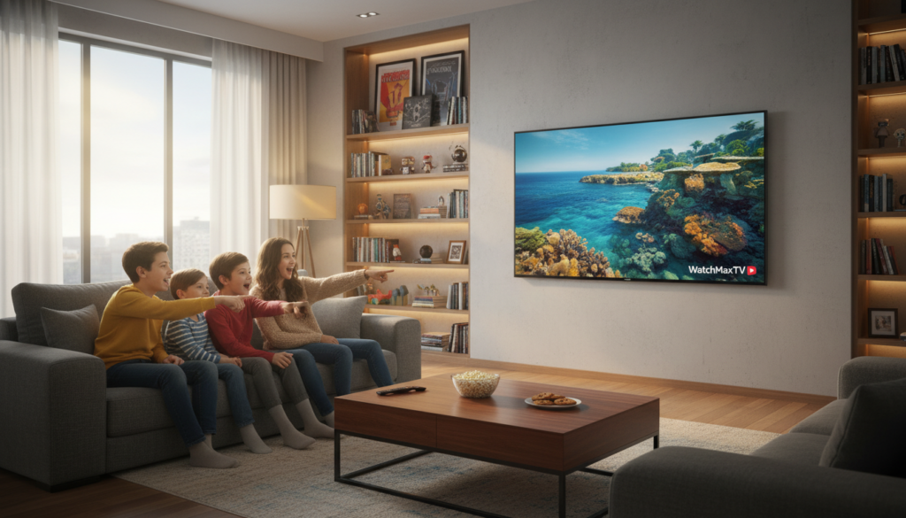 A captivating living room scene showcasing a sleek, modern TV displaying breathtaking 4K streaming content on the "WatchMaxTV" platform. The foreground features a stylish coffee table with a few remote controls and snacks. In the middle ground, a family is comfortably seated on an elegant sectional sofa, dressed in casual yet tidy clothing, enjoying their viewing experience, with expressions of delight. The background includes a bookshelf filled with entertainment memorabilia and soft ambient lighting enhancing the cozy atmosphere. Natural light filters in through large windows, casting gentle reflections on the TV screen, emphasizing the rich colors and clarity of the high-definition display. The overall mood is relaxed and inviting, perfect for immersive viewing.