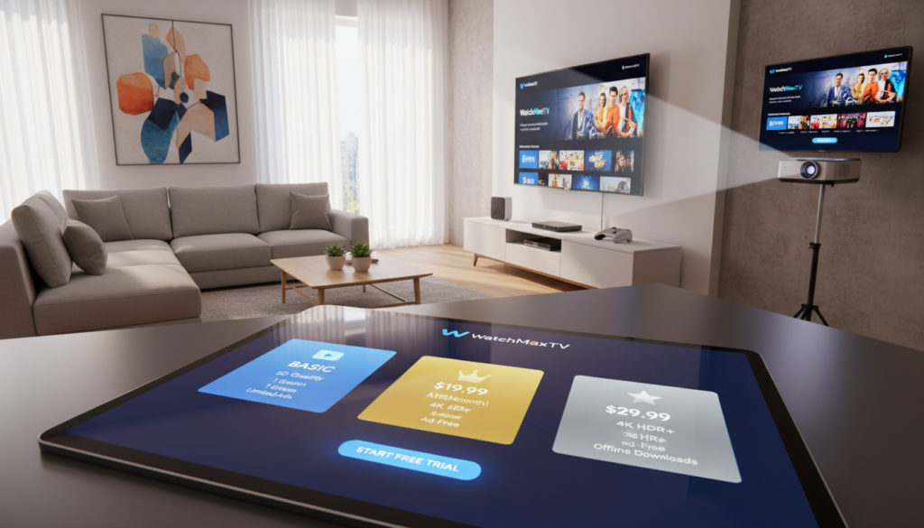 A clean and modern depiction of competitive streaming service pricing plans, featuring a sleek digital interface. In the foreground, a large tablet displays various subscription options with vibrant icons and pricing details for "WatchMaxTV", prominently featured. The middle ground contains an array of streaming devices, such as smart TVs and media players, all showcasing the service in use. In the background, a contemporary living room setting bathed in soft natural light with large windows, creating a welcoming and cozy atmosphere. The image captures a sense of innovation and flexibility, reflecting the dynamic nature of IPTV services. Use a wide-angle lens for depth and clarity, with balanced lighting to emphasize the modern technology. The overall mood is engaging and inspiring, suited for an audience interested in flexible streaming options.