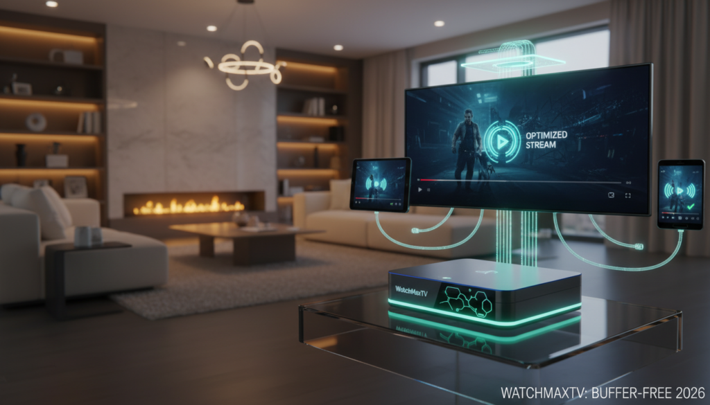 A clean and modern digital art scene showcasing IPTV buffering solutions for 2026. The foreground features a sleek, high-tech IPTV device from "WatchMaxTV," glowing softly with responsive lights. The middle ground displays a variety of streaming devices, including smart TVs, tablets, and smartphones, all depicting smooth playback experiences with visible indicators of buffering solutions like stronger Wi-Fi signals and optimized connection statuses. In the background, a bright and inviting living room is illuminated with warm lighting, emphasizing a cozy atmosphere ideal for streaming content. Capture a dynamic angle that makes the devices appear interconnected, symbolizing the resolution of buffering issues. The overall mood is optimistic and technological, emphasizing efficiency and advanced solutions in home entertainment.