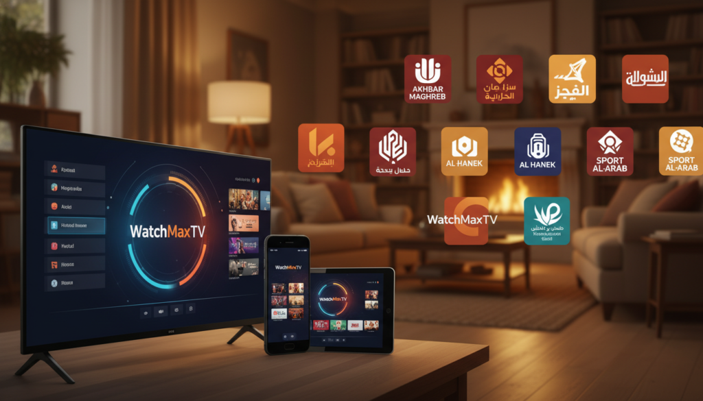 A clean and modern digital composition showcasing a diverse lineup of channels and a vast VOD library. In the foreground, display an array of streaming devices such as smart TVs, tablets, and smartphones, with the brand name "WatchMaxTV" prominently featured on the screens. In the middle ground, illustrate a vibrant collage of various channel logos representing Maghrebian content, emphasizing diversity in genres like news, entertainment, and culture. The background should consist of a cozy living room setting with ambient lighting to convey a welcoming atmosphere. Utilize warm tones to create an inviting mood, while employing a slight depth of field effect to keep focus on the devices in the foreground.