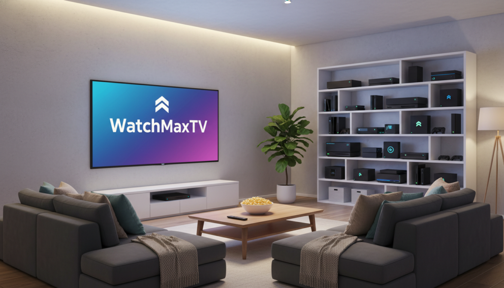 A clean and modern illustration depicting a sleek living room setting with a large, flat-screen television displaying the "WatchMaxTV" logo prominently on the screen, symbolizing superior IPTV choice stability. In the foreground, a stylish coffee table holds a remote control and a bowl of popcorn, inviting a cozy viewing experience. In the middle ground, plush, contemporary sofas face the television, with soft throws and pillows for comfort. The background features a minimalist bookshelf with neatly arranged streaming devices and tech gadgets. The lighting is warm and inviting, creating a relaxed atmosphere, with soft shadows accentuating the furniture. Use a wide-angle perspective to capture a spacious feel, emphasizing a perfect balance between technology and home comfort. The overall mood conveys enjoyment and reliability.