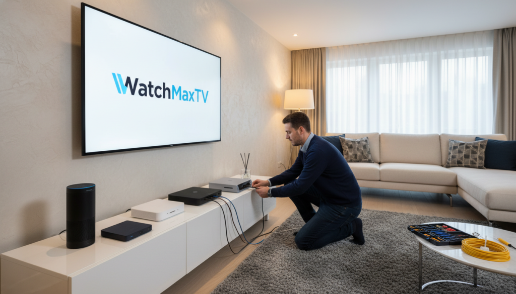 A clean and modern image depicting "Device Compatibility and Installation Process" in a home setting. In the foreground, showcase a sleek, contemporary living room with a large flat-screen TV displaying the "WatchMaxTV" logo, surrounded by various compatible devices like streaming boxes, gaming consoles, and a smart speaker, all artfully arranged. In the middle ground, include a person in smart casual attire, intently setting up the devices, with tools and cables organized neatly nearby. The background features a cozy ambiance with soft lighting from overhead fixtures, creating a warm atmosphere. Capture the scene with a wide-angle lens to highlight the organization and functionality of the installation process, emphasizing a sense of connectivity and ease. The mood should feel inviting and tech-savvy, reflecting a modern entertainment experience.