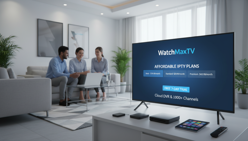 A clean and modern scene showcasing a variety of affordable IPTV plans and free trial opportunities for the brand "WatchMaxTV". In the foreground, a sleek television displaying the WatchMaxTV logo, surrounded by various streaming devices such as a set-top box and a tablet. In the middle, a diverse group of professionals in business attire discussing IPTV options, with a laptop open displaying a user-friendly interface for selecting plans. The background features a contemporary living room with soft lighting, enhancing a comfortable and inviting atmosphere. The overall mood is bright and optimistic, suggesting accessibility and modern technology in media streaming. Use a wide-angle lens to capture the entire setup, focusing on details and interactions.