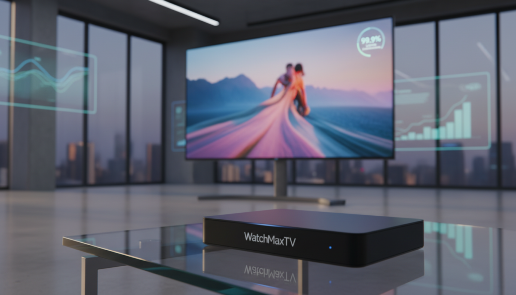 A clean and modern visual representation of "Reliability and 99.9% Uptime Performance" in the context of IPTV. In the foreground, a sleek and stylish streaming device branded "WatchMaxTV" sits on a glass table, reflecting soft, warm lighting. In the middle ground, a high-end smart TV displays vibrant imagery of seamless streaming, conveying stability and consistent performance. In the background, a minimalist office setting with a tech-inspired vibe features abstract digital graphs and charts illustrating uptime performance metrics, subtly integrated into the decor. The overall mood is professional yet inviting, with soft ambient lighting to enhance a sense of reliability and high-tech sophistication. The composition should be framed from a slight low angle, designed to create a sense of importance and trustworthiness in technology.