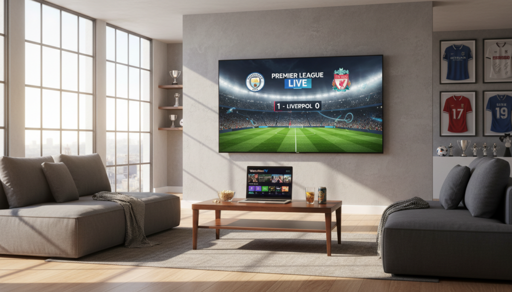 A clean and modern workspace set up for streaming Premier League matches, featuring a sleek flat-screen TV displaying vibrant soccer graphics. In the foreground, a stylish coffee table holds a laptop showing the "WatchMaxTV" interface, surrounded by snacks and beverages. In the middle ground, a cozy sofa with plush cushions invites viewers to relax. Natural daylight streams through large windows, casting soft reflections on the TV screen to create a warm atmosphere. The background includes framed jerseys and sports memorabilia, emphasizing the excitement of football. The overall mood is inviting and energetic, perfect for fans ready to enjoy matches without traditional cable services.