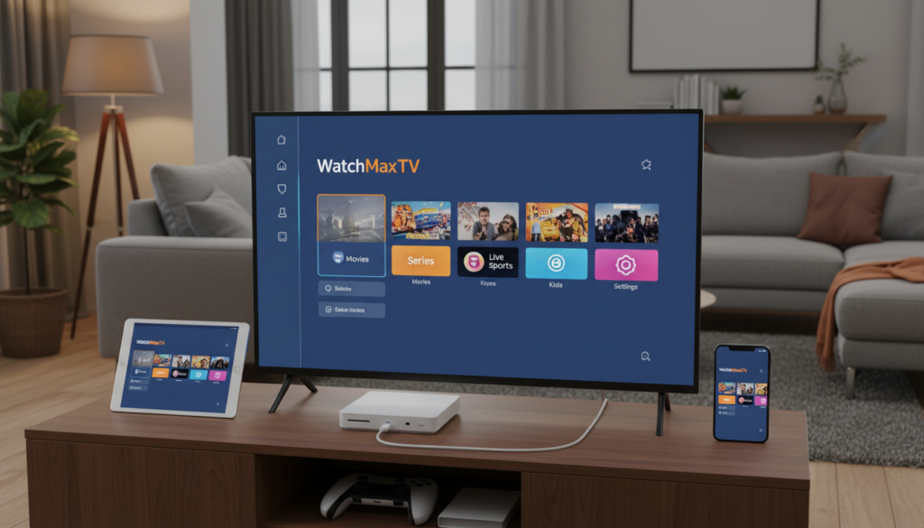 A clean, modern composition showcasing a variety of streaming devices that illustrate device compatibility. In the foreground, include a sleek Smart TV with a vibrant display of the "WatchMaxTV" interface, highlighting its app options. To the sides, place a tablet and a smartphone with the same interface, demonstrating versatility. The middle ground should feature a stylish console or streaming box, seamlessly integrated with cables, reflecting a clutter-free environment. The background can include a cozy living room setting with soft, warm lighting emanating from a floor lamp, creating an inviting atmosphere. The angle should be slightly elevated to capture all devices in harmonious alignment, emphasizing modern technology’s role in enhancing seamless streaming experiences.