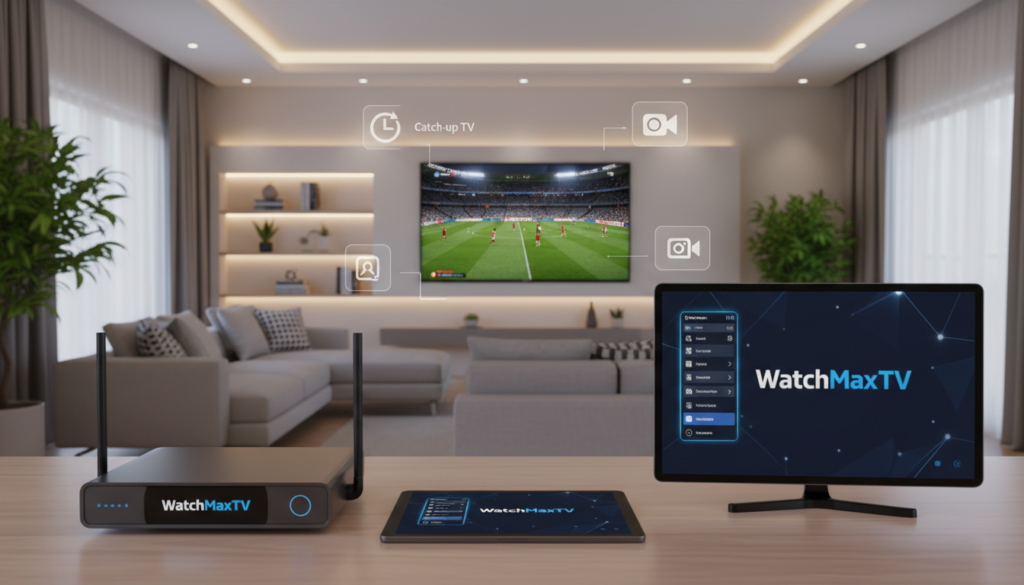 A clean, modern composition showcasing the premium features of IPTV services. In the foreground, display various sleek streaming devices like a set-top box, smart TV, and tablet featuring the brand name "WatchMaxTV." In the middle, illustrate a stylish home living room setting, with a comfortable couch and a large screen showing vibrant content being streamed. Include visual elements representing features like recording, catch-up TV, and a user-friendly interface, perhaps as floating icons around the screen. The background should be softly illuminated with ambient lighting, creating a cozy atmosphere. Use a wide-angle lens perspective to emphasize depth, capturing a sense of advanced technology and comfort in home entertainment.