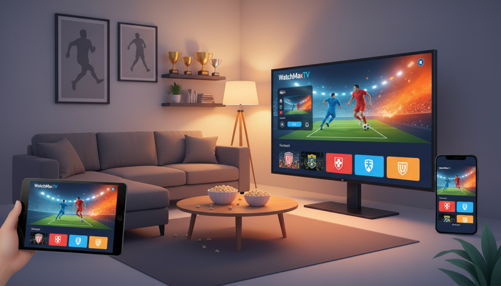 A clean, modern digital illustration showcasing premium IPTV service features associated with "WatchMaxTV". In the foreground, depict a sleek smart TV displaying an engaging sports streaming interface, highlighting vibrant visuals of football matches. Add an array of streaming devices, such as a tablet and smartphone, each showing the same user-friendly interface. In the middle, create a cozy living room setting with a contemporary couch, emphasizing a warm atmosphere with soft lighting that reflects the excitement of watching live sports. In the background, include minimalistic decor, such as framed sports posters or shelves with trophies, to convey a casual yet premium viewing experience. The overall mood should be energetic and inviting, perfect for sports fans.