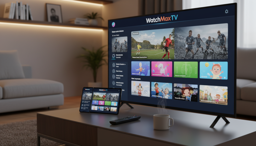 A clean, modern digital workspace featuring an array of high-tech devices representing the premium IPTV features of WatchMaxTV. In the foreground, a sleek smart TV displays vibrant streaming content, showcasing various genres. Next to it, a tablet and smartphone highlight the convenience of mobile viewing. In the middle ground, a stylish coffee table holds a remote control, emphasizing easy navigation. The background is a cozy living room with soft, ambient lighting creating a warm atmosphere, complemented by a minimalist design. Use a slightly angled perspective to add depth, with soft focus on the edges to keep attention on the devices. The image should evoke a sense of sophistication and technological advancement, perfectly embodying the benefits of WatchMaxTV.