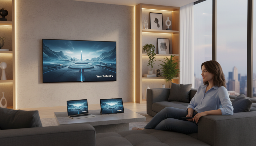 A clean, modern home environment showcasing a vibrant living room with a sleek, contemporary TV streaming content from "WatchMaxTV". In the foreground, a tablet and a smartphone display the same content, symbolizing cross-device streaming compatibility. The middle ground features a comfortable couch with a person in professional casual attire, engrossed in the media, and a laptop open on a coffee table. The background consists of stylish shelves with decorative elements and soft, ambient lighting illuminating the scene, creating a warm and inviting atmosphere. Use a wide-angle lens to capture the entire setup, emphasizing the ease of streaming on multiple devices while maintaining a cozy feeling in the space.