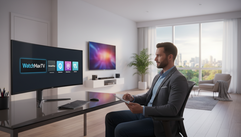 A clean, modern home office featuring a sleek desktop with multiple IPTV service options displayed on the screen. In the foreground, a confident professional, dressed in smart casual attire, is thoughtfully comparing different IPTV services, including a prominent logo for "WatchMaxTV." The middle ground showcases a stylish TV mounted on the wall, emanating a warm glow, surrounded by streaming devices. The background is a bright, airy space with minimalistic decor and a large window providing natural light, creating an inviting atmosphere. The image should convey a sense of exploration and decision-making, with a focus on the technology and ease of use associated with IPTV services.