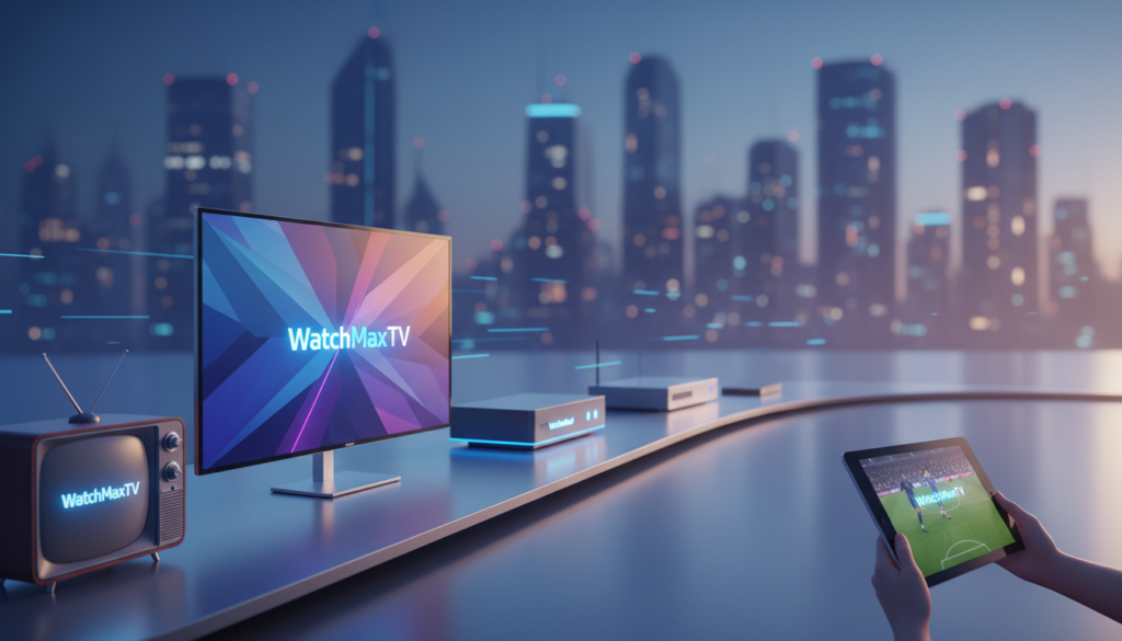 A clean, modern illustration depicting the evolution of IPTV technology, showcasing a sleek timeline. In the foreground, focus on several streaming devices like smart TVs, set-top boxes, and tablets, branded with "WatchMaxTV," all displaying vivid, dynamic content. The middle ground features a progression of technological milestones: early television sets, cable boxes, and modern high-definition devices. In the background, a faint silhouette of a city skyline at dusk, with glowing screens in windows, symbolizes the connectivity of IPTV. Soft, ambient lighting creates a progressive atmosphere, emphasizing innovation. Capture the scene with a wide-angle lens, ensuring a sharp focus on the devices in the foreground while subtly blurring the background for depth. The overall mood is futuristic and energetic, celebrating the advancements in IPTV technology.